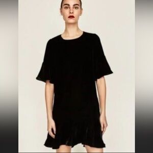 Zara basics My black velvet  lutter sleeve flapper vibes dress NWT f